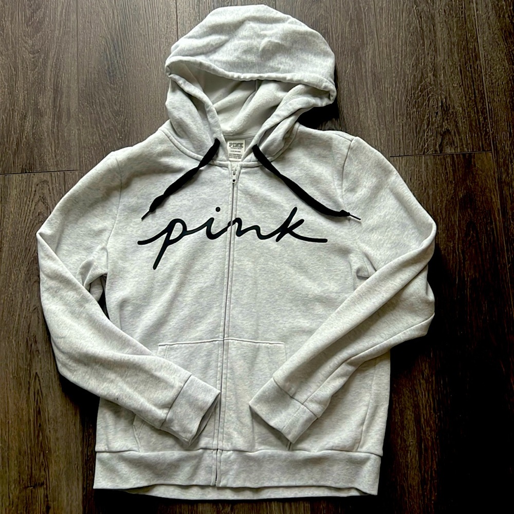 Like NEW Victoria’s Secret PINK zip up hoodie light gray black writing Large